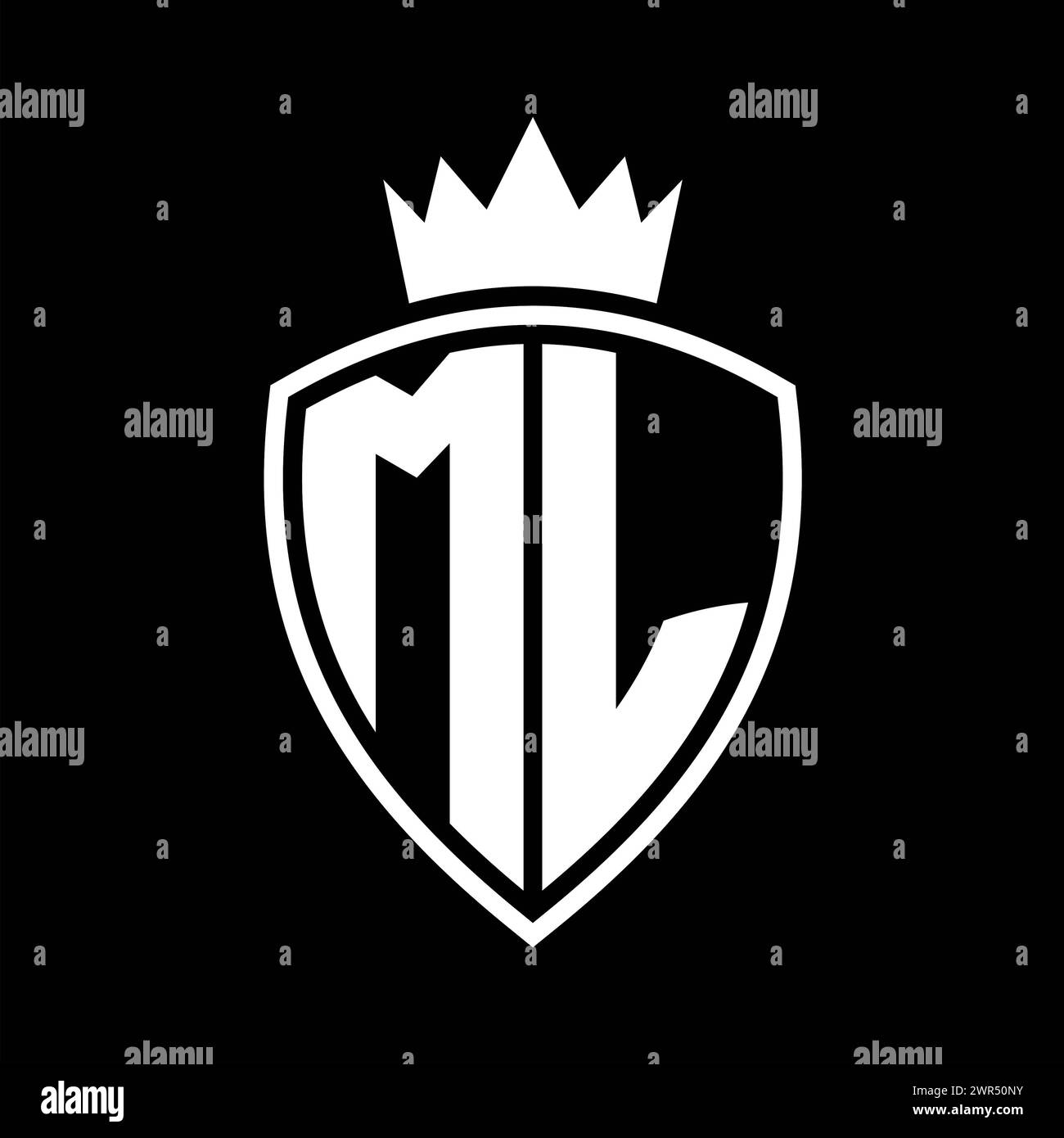ML Letter bold monogram with shield and crown outline shape with black ...