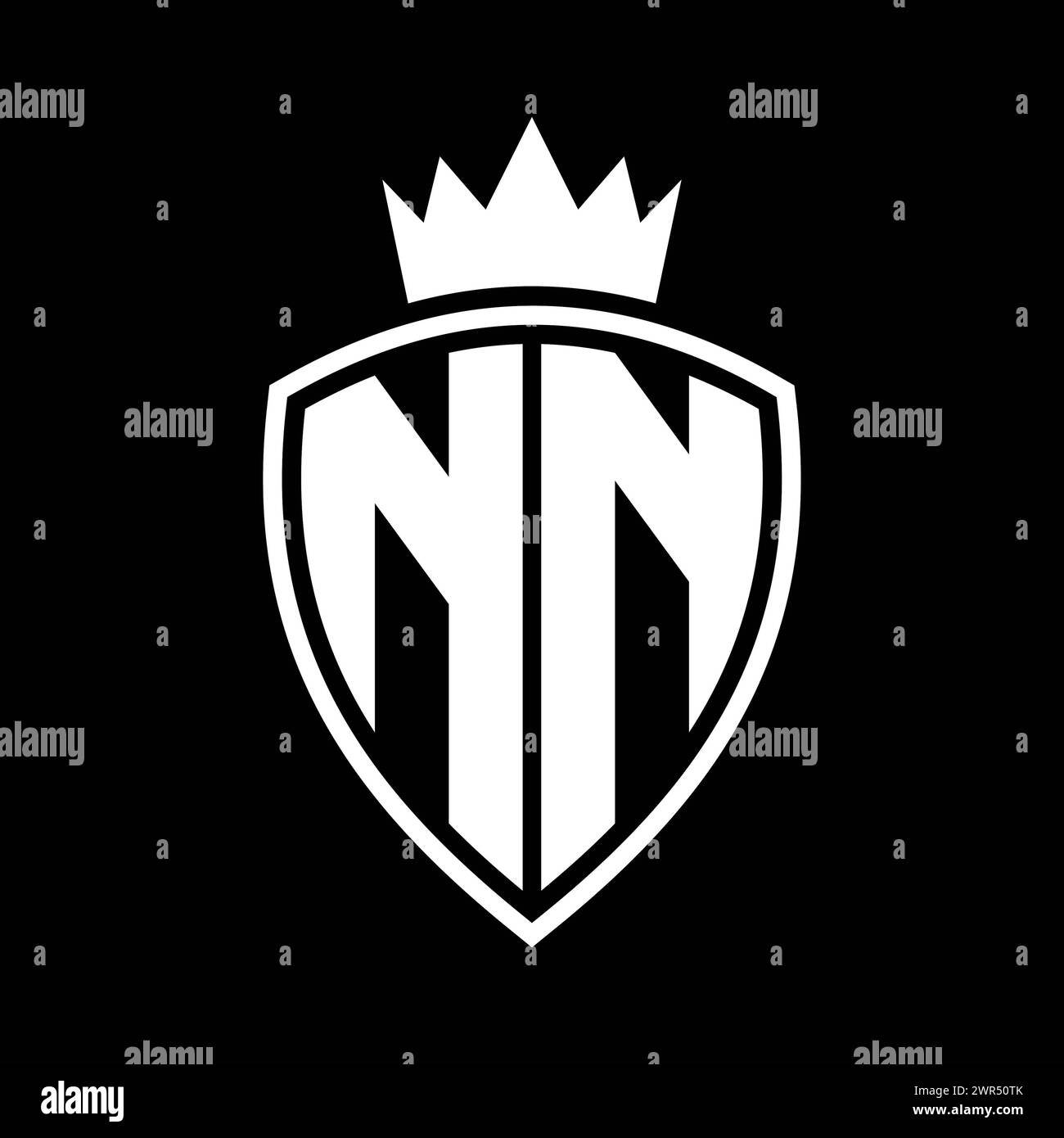 NN Letter bold monogram with shield and crown outline shape with black ...