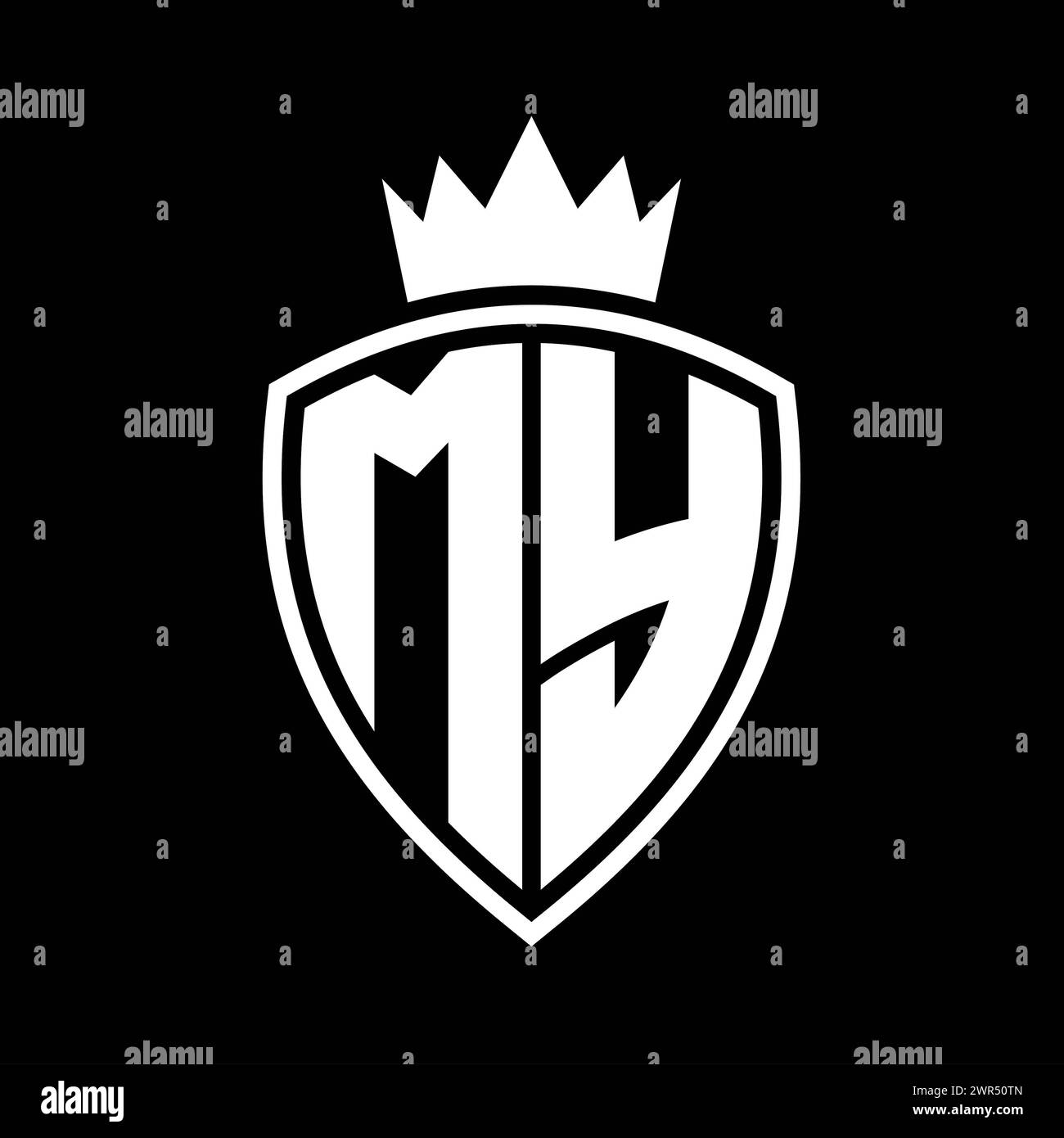 MY Letter bold monogram with shield and crown outline shape with black ...