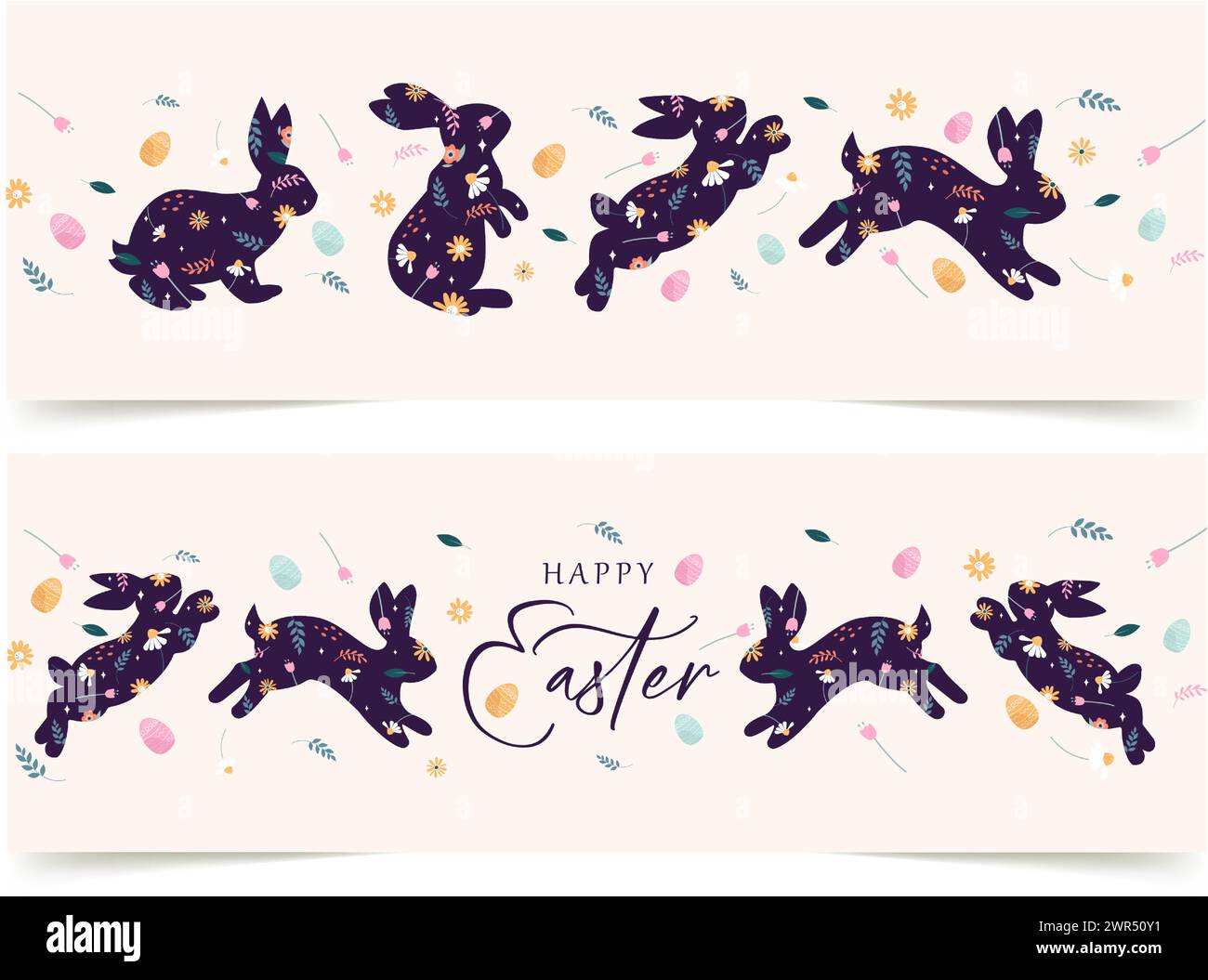 Decorated easter card, Easter folk rabbits for banner. Bunnies, Easter eggs, flowers, posters. flat vector illustrations Stock Vector