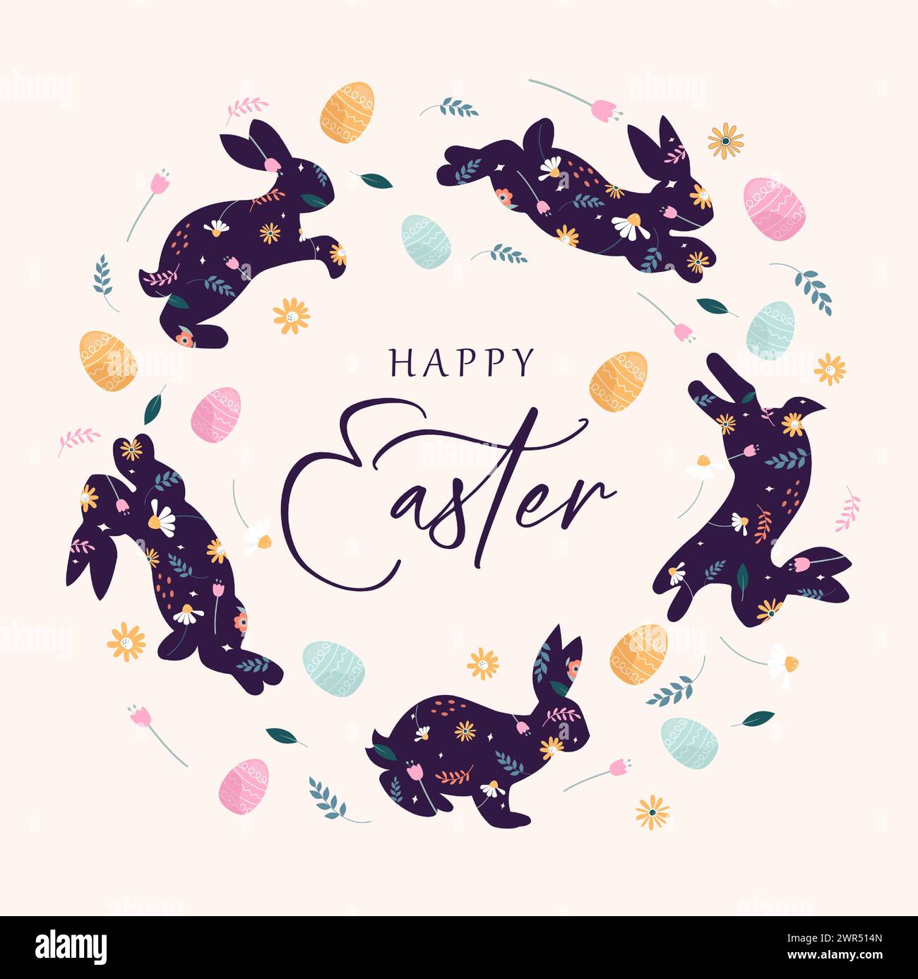 Decorated easter card, Easter folk rabbits for banner. Bunnies, Easter eggs, flowers, posters. flat vector illustrations Stock Vector