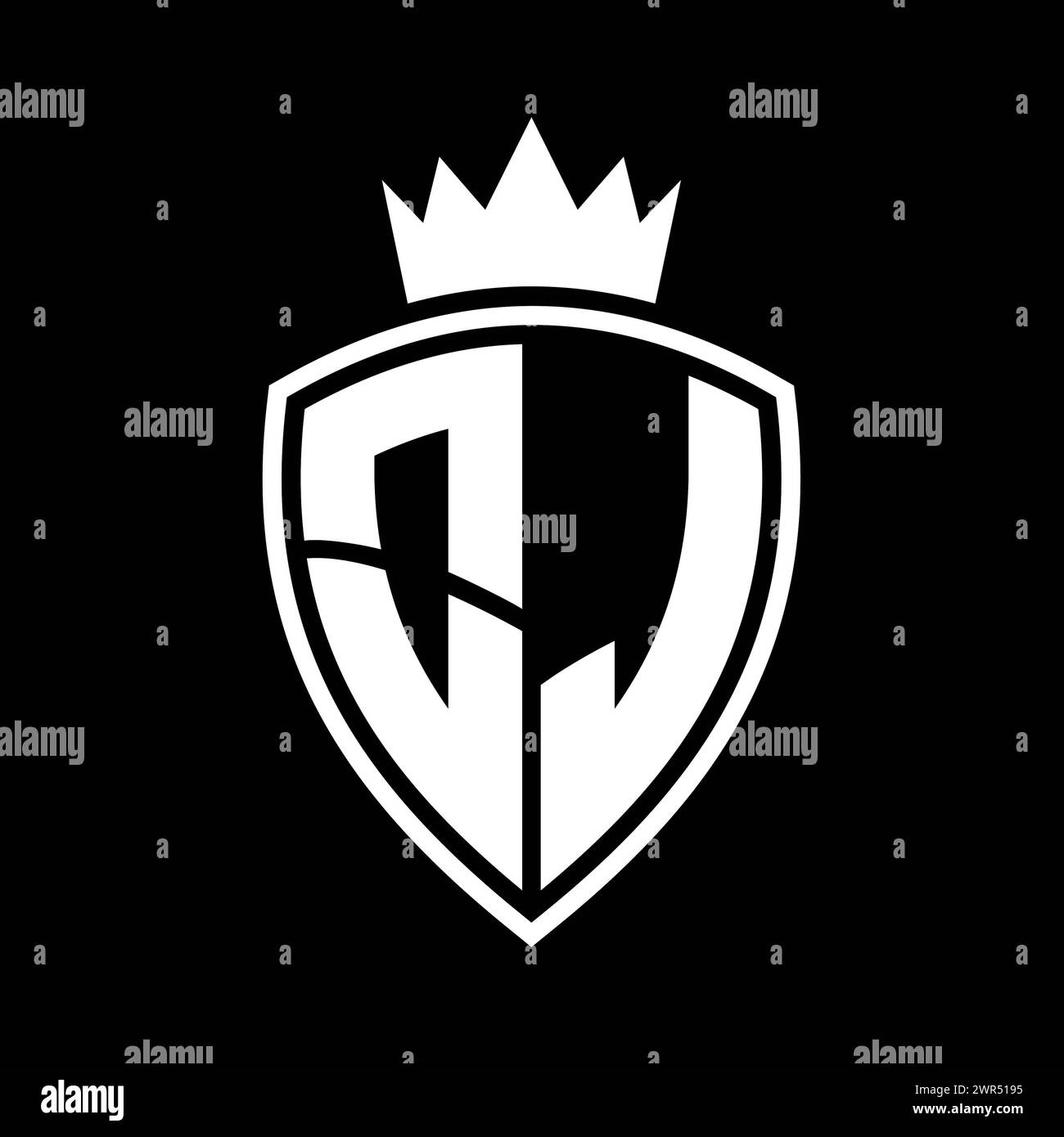 OJ Letter bold monogram with shield and crown outline shape with black ...