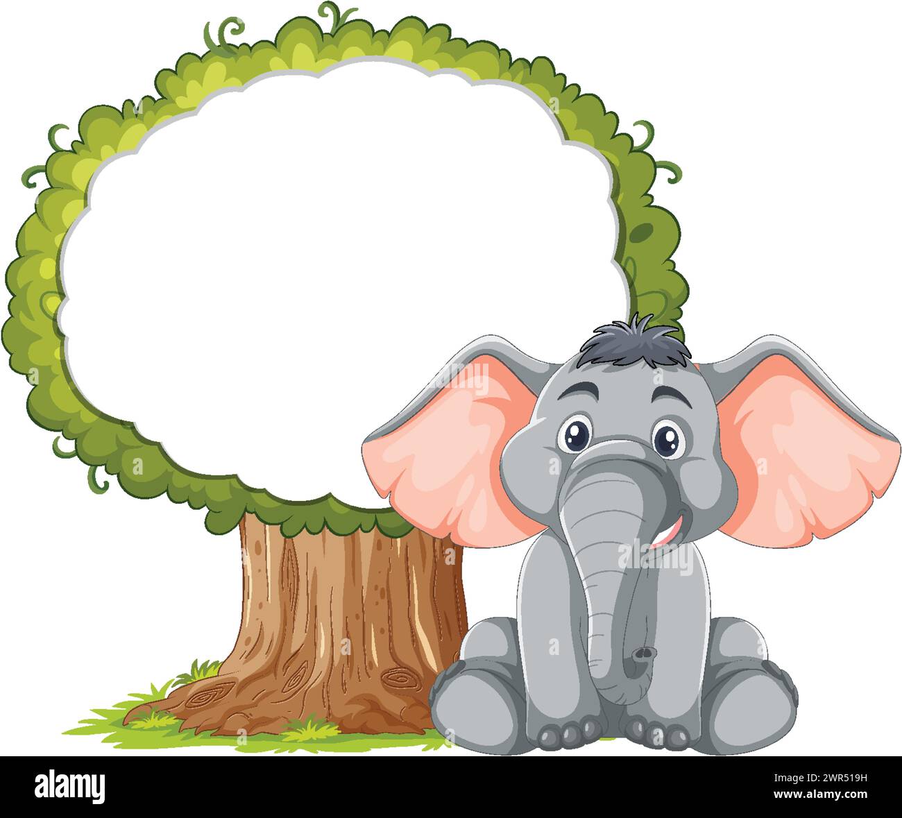 Adorable cartoon elephant sitting under a lush tree Stock Vector