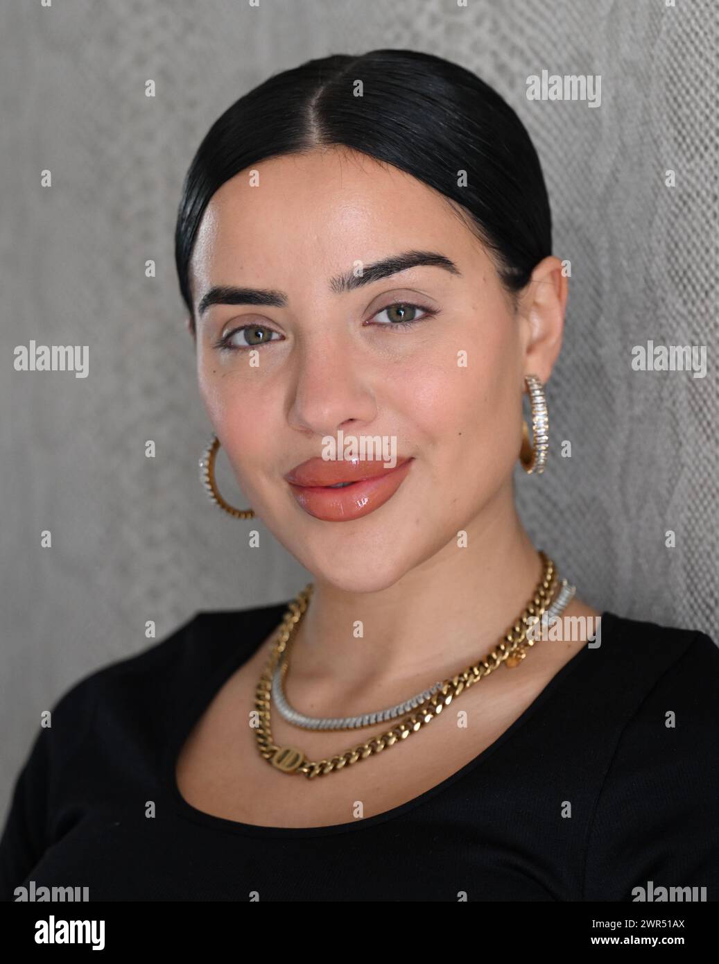 PRODUCTION - 08 March 2024, Hesse, Frankfurt/Main: Leyla Lahouar, reality  TV actress and influencer, takes part in a photo shoot. Born in Bad  Homburg, Hesse, she took part in the RTL jungle