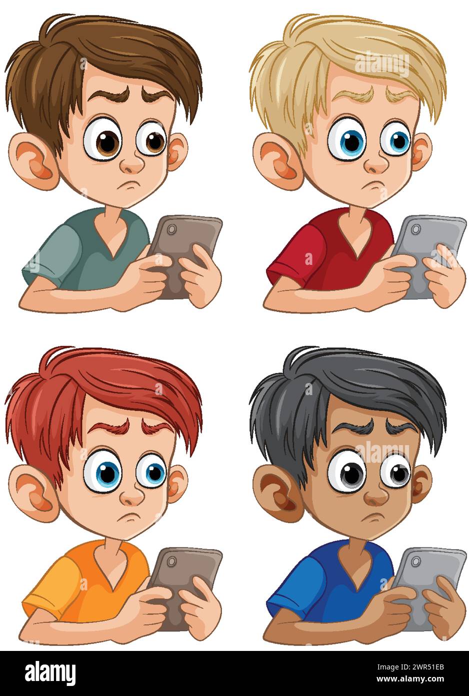 Four cartoon children focused on their smartphones Stock Vector