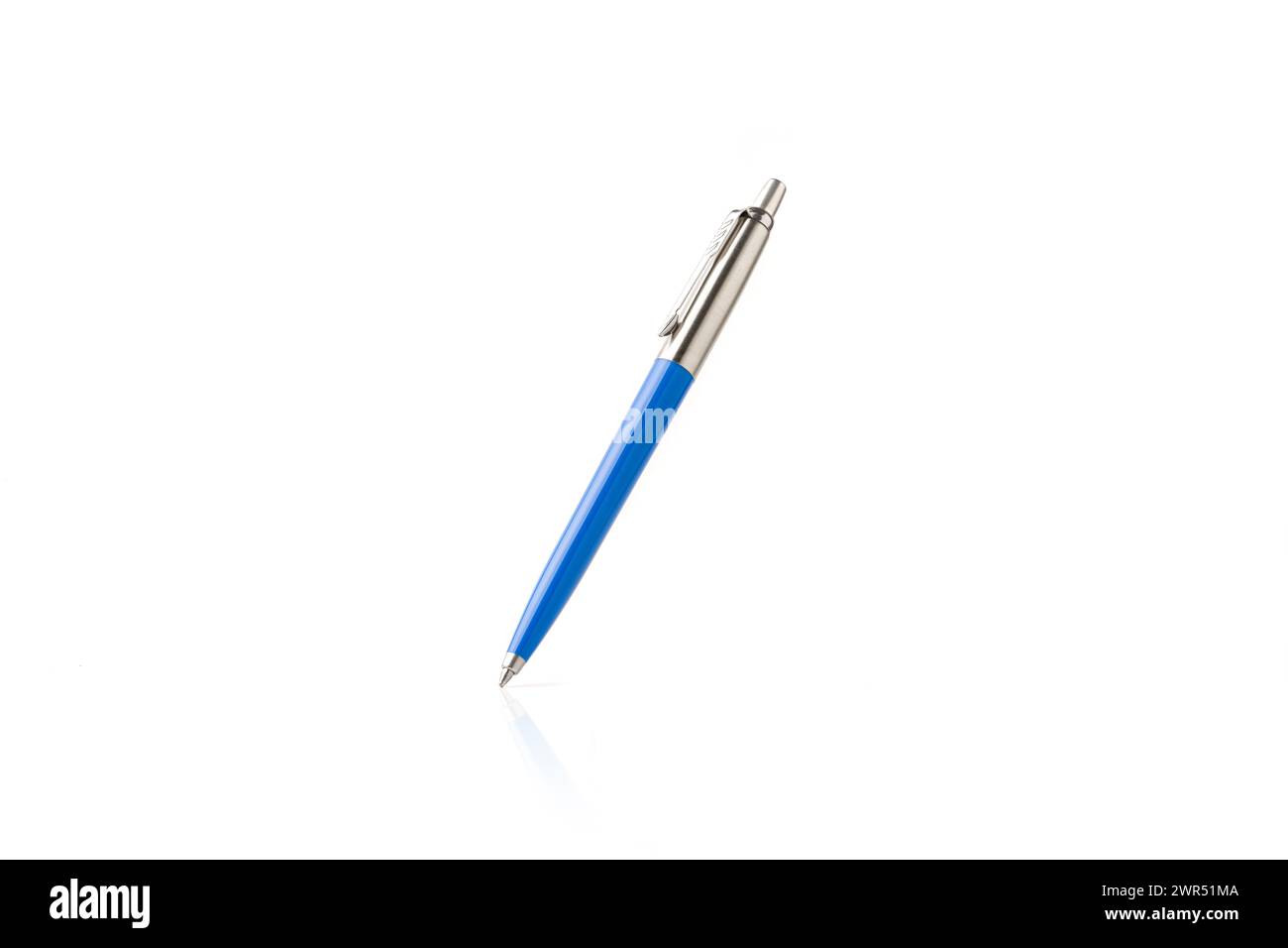 Blue plastic and metal ballpoint pen on white isolated background Stock ...