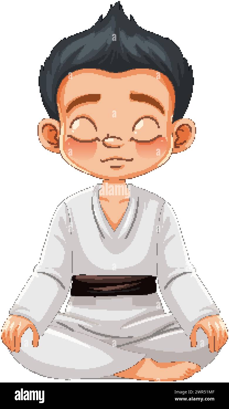 Cartoon boy meditating in traditional karate attire. Stock Vector