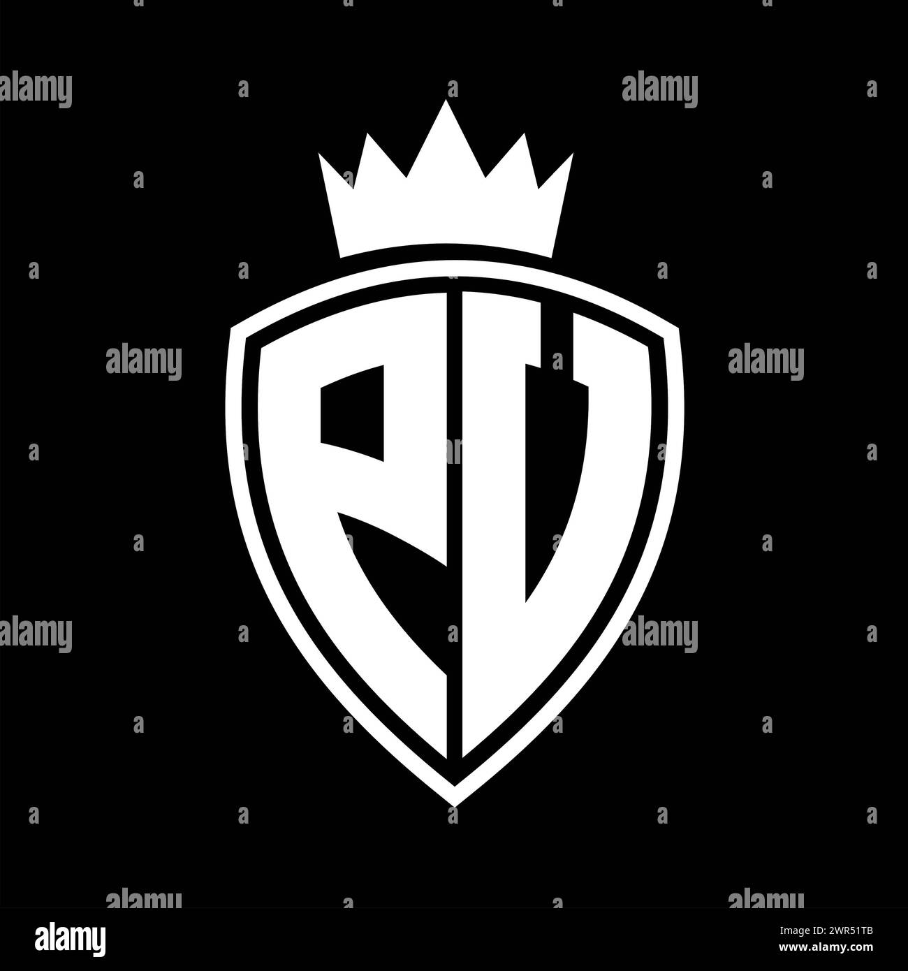 PV Letter bold monogram with shield and crown outline shape with black ...