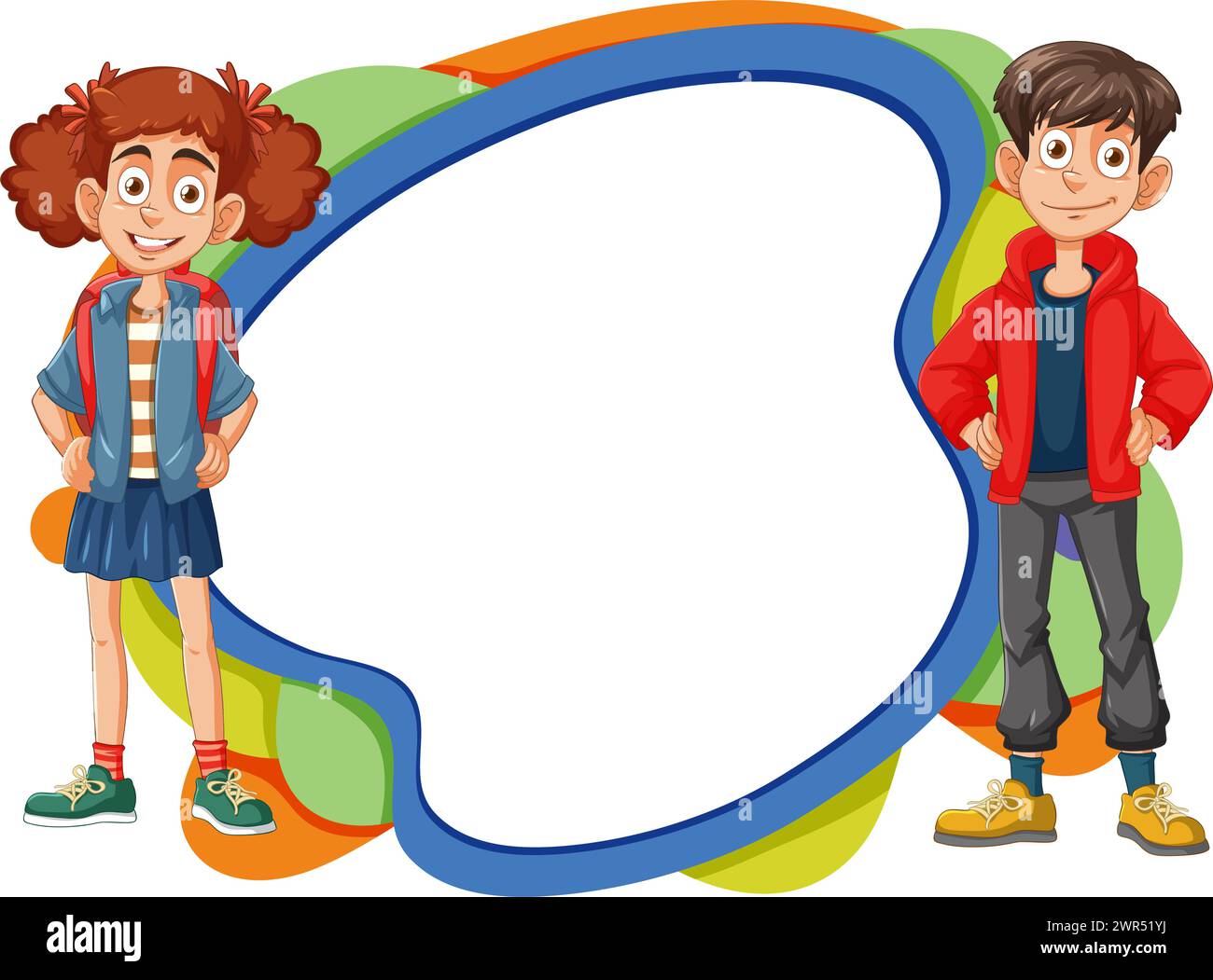 Two cartoon children standing beside an empty frame Stock Vector Image ...