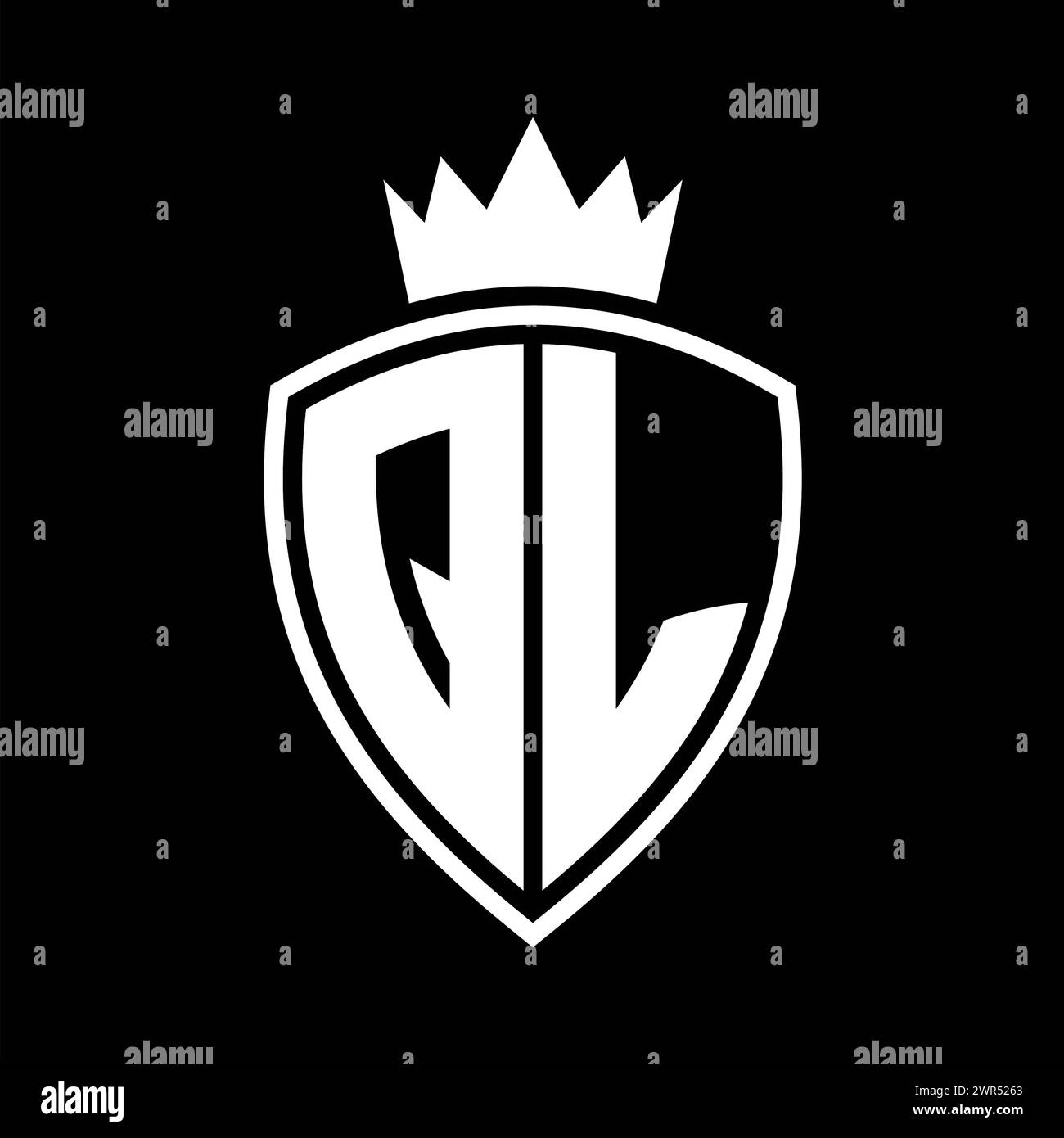 QL Letter bold monogram with shield and crown outline shape with black ...