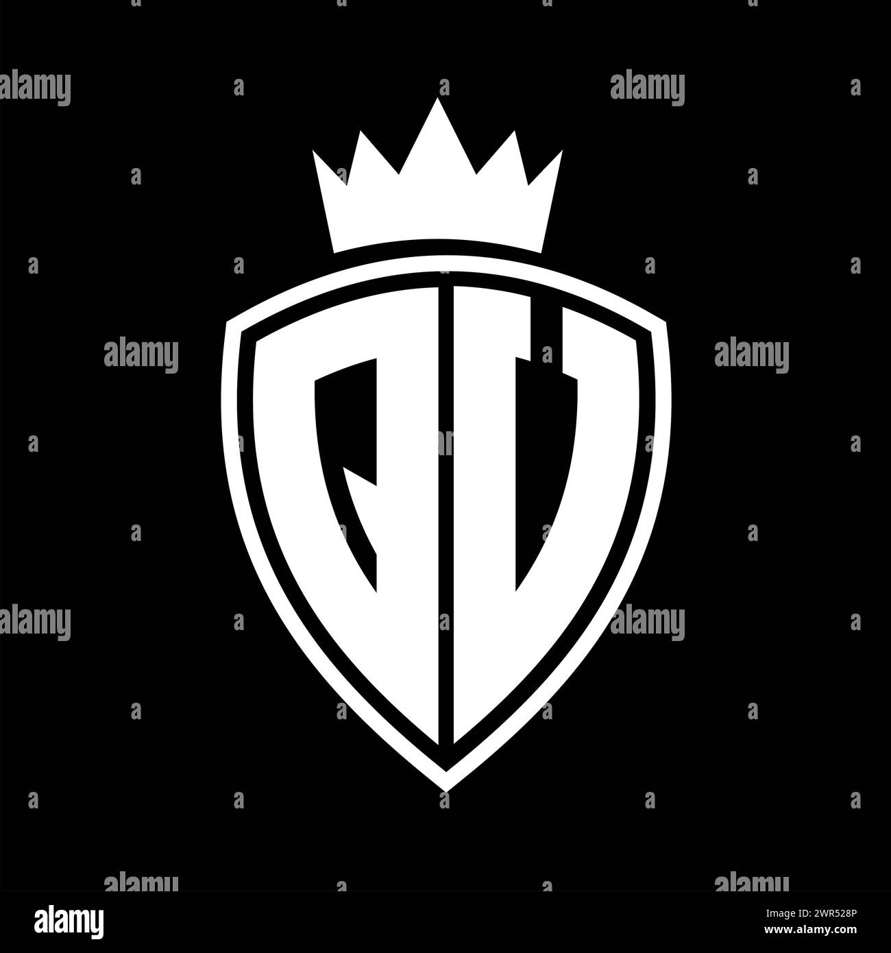 QV Letter bold monogram with shield and crown outline shape with black ...