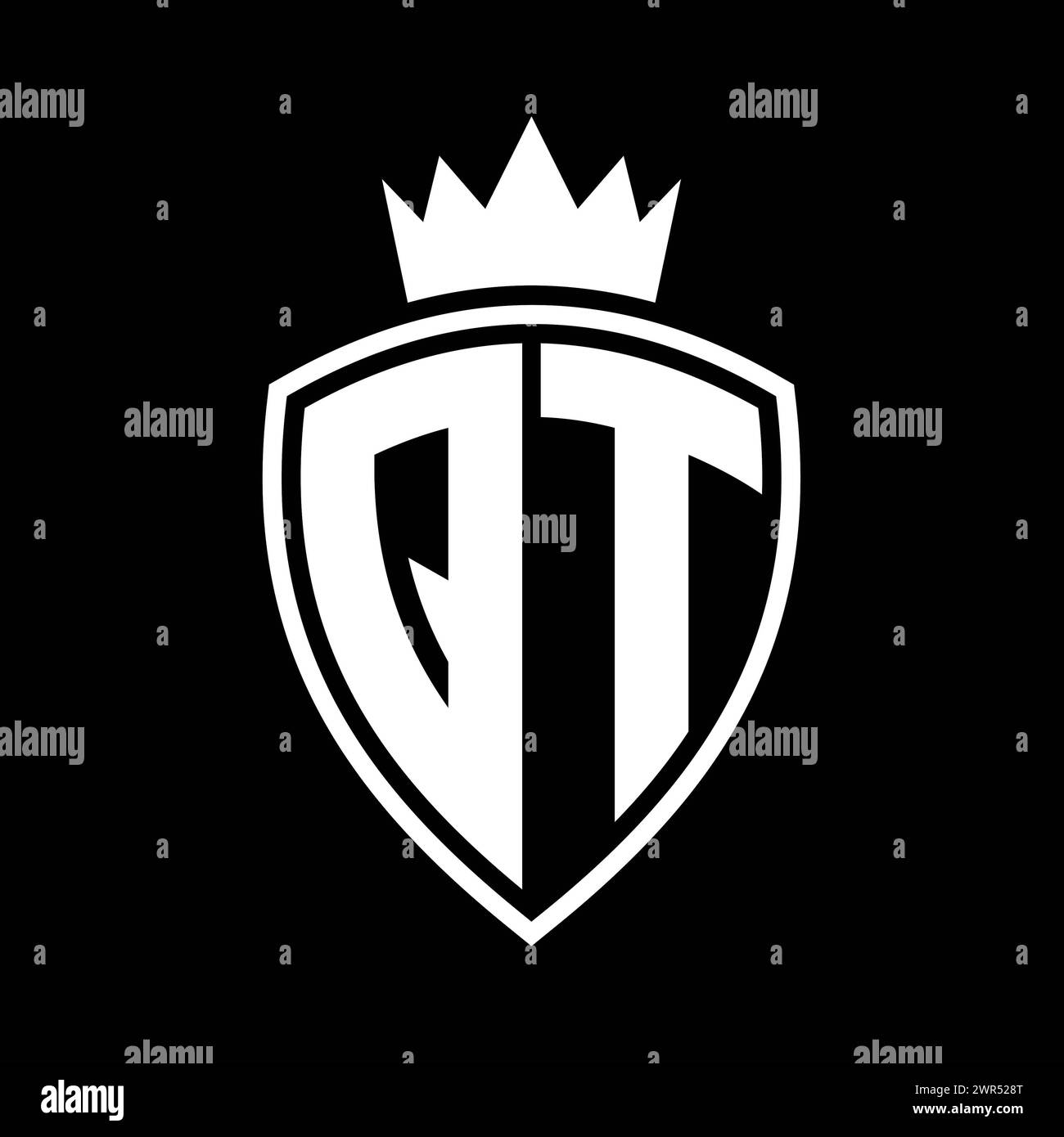QT Letter bold monogram with shield and crown outline shape with black ...