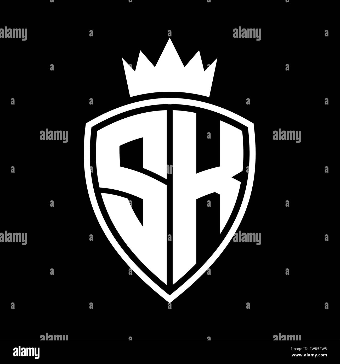 SK Letter bold monogram with shield and crown outline shape with black ...