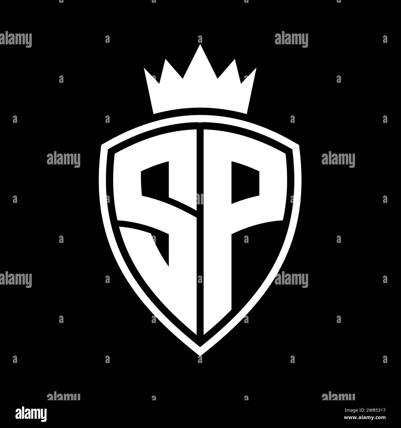 SP Letter bold monogram with shield and crown outline shape with black ...