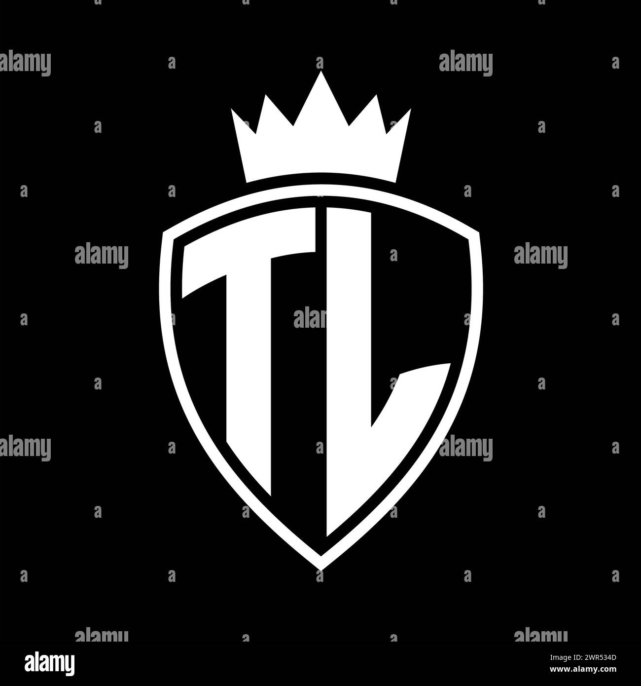 TL Letter bold monogram with shield and crown outline shape with black and white color design template Stock Photo