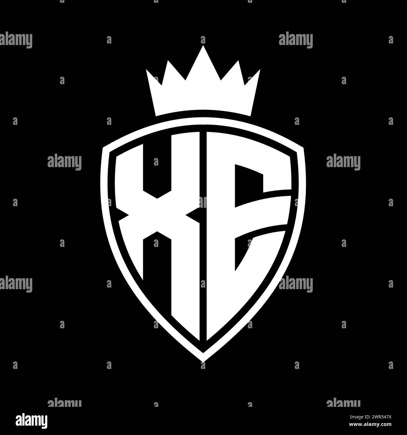 XE Letter bold monogram with shield and crown outline shape with black ...