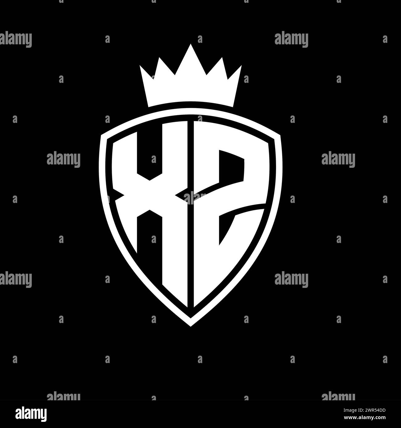 XZ Letter bold monogram with shield and crown outline shape with black ...