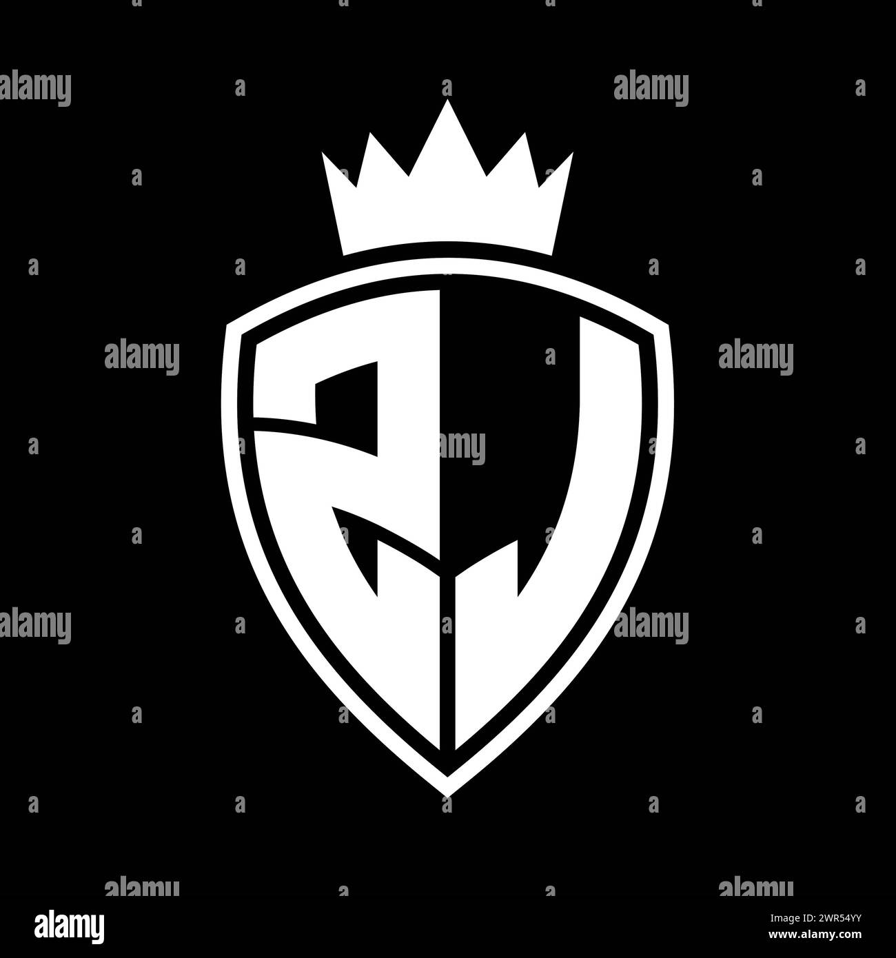 ZJ Letter bold monogram with shield and crown outline shape with black ...