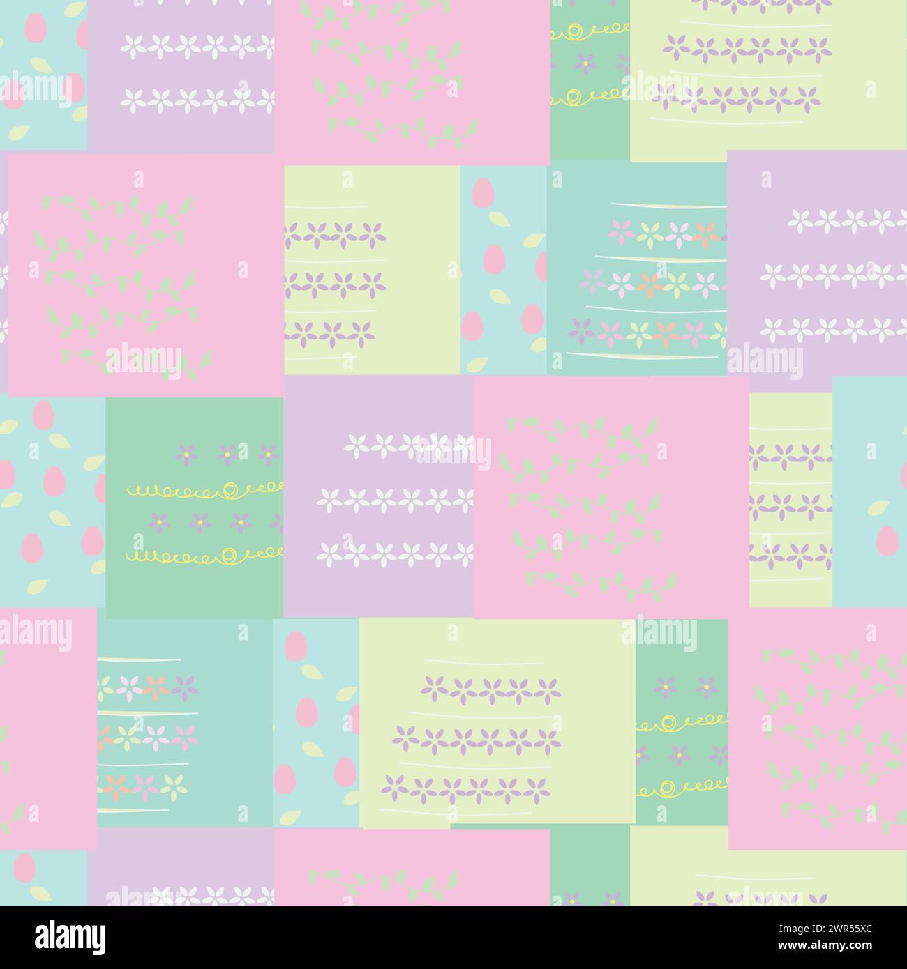 Repeat pattern with easter themed, pastel coloured patchwork vector artwork. Stock Vector