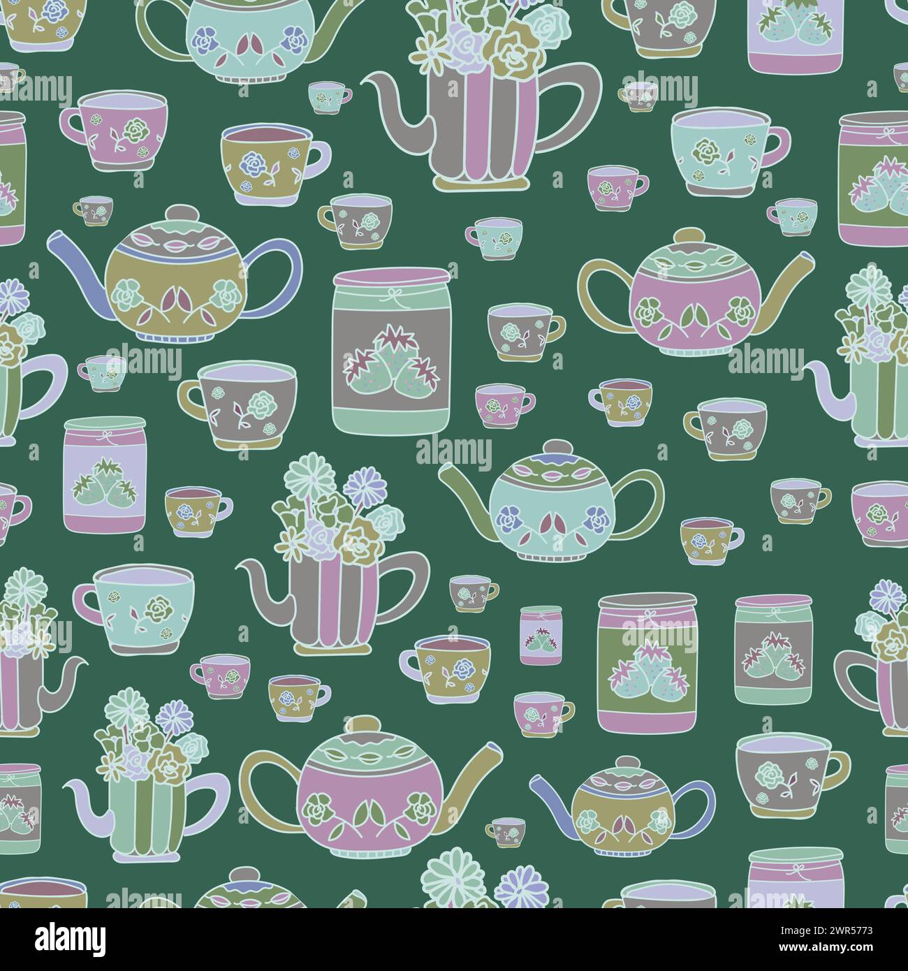 vector hand drawn garden tea party elements seamless pattern perfect for wrapping paper
