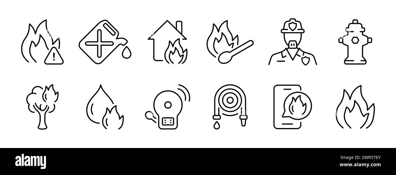 Fire set icon. Danger, gasoline, burning house, feeding the fire, hydrant, wood and gasoline are burning, alarm, hose, fire message, fire.  Vector ico Stock Vector