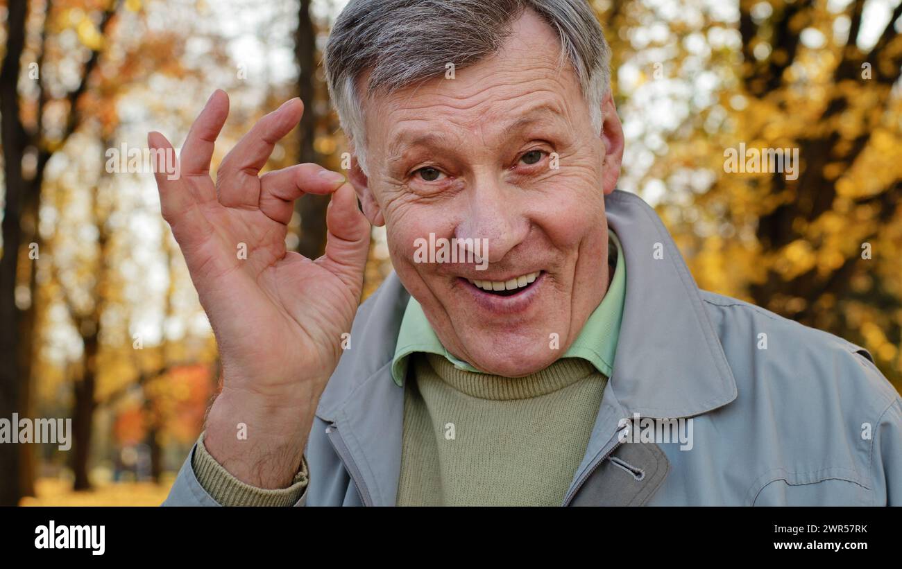 Close-up portrait elderly man positive grandpa showing consent sign looking at camera in autumn park smiling happily outdoors caucasian old male says Stock Photo