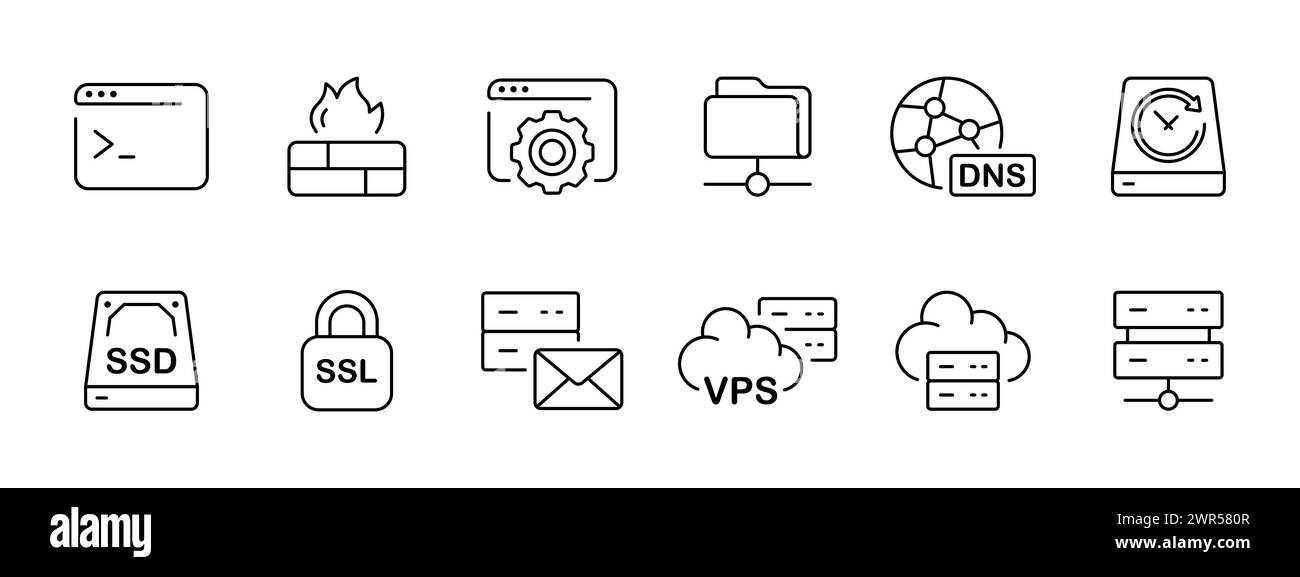 Website set icon. Website, console, firewall, files, dns, servers, ssd, ssl, sending and receiving letters, data storage, vps cloud service hosting co Stock Vector