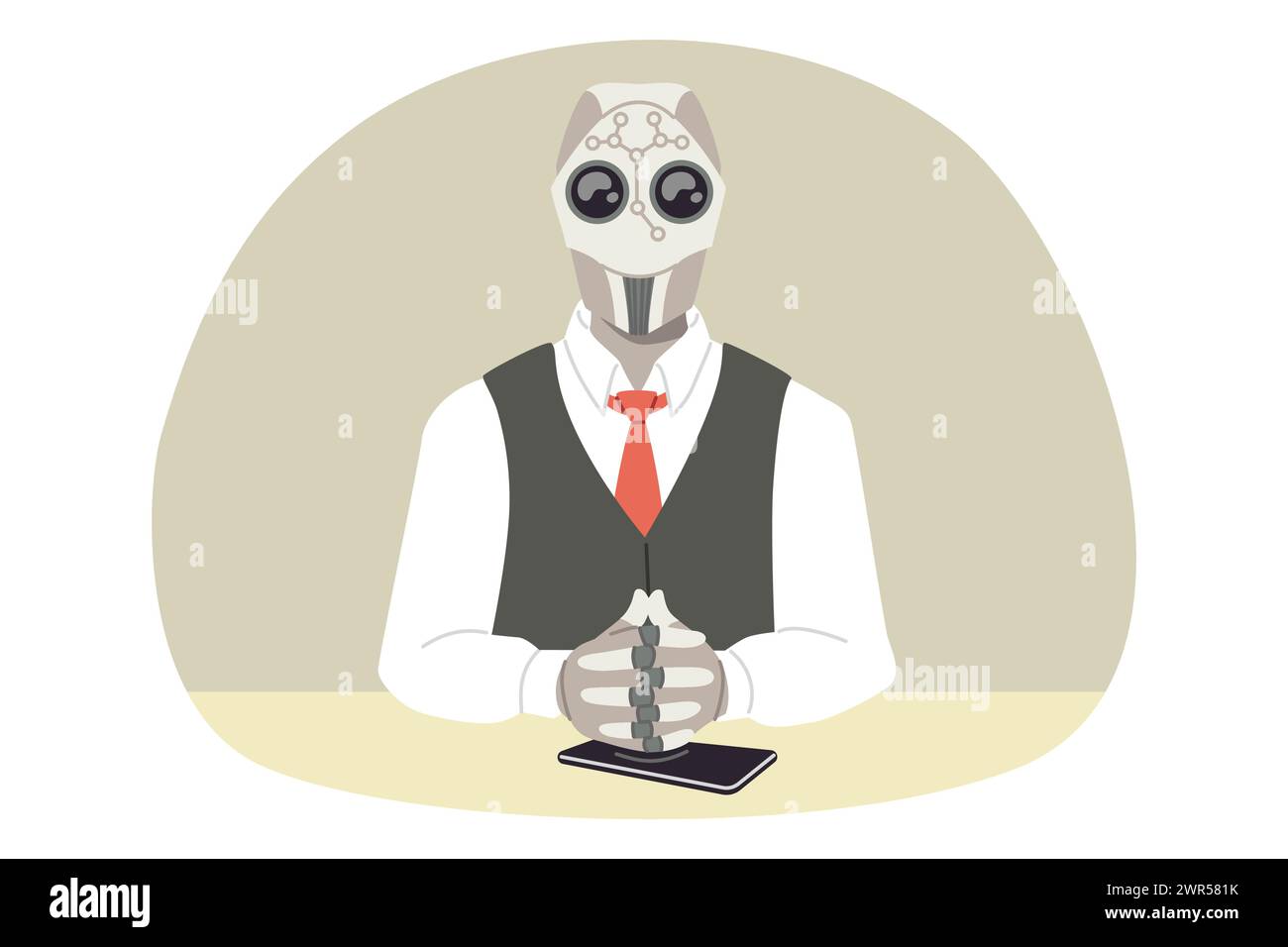Robot boss of company sits at table with mobile phone and makes management decisions Stock Vector