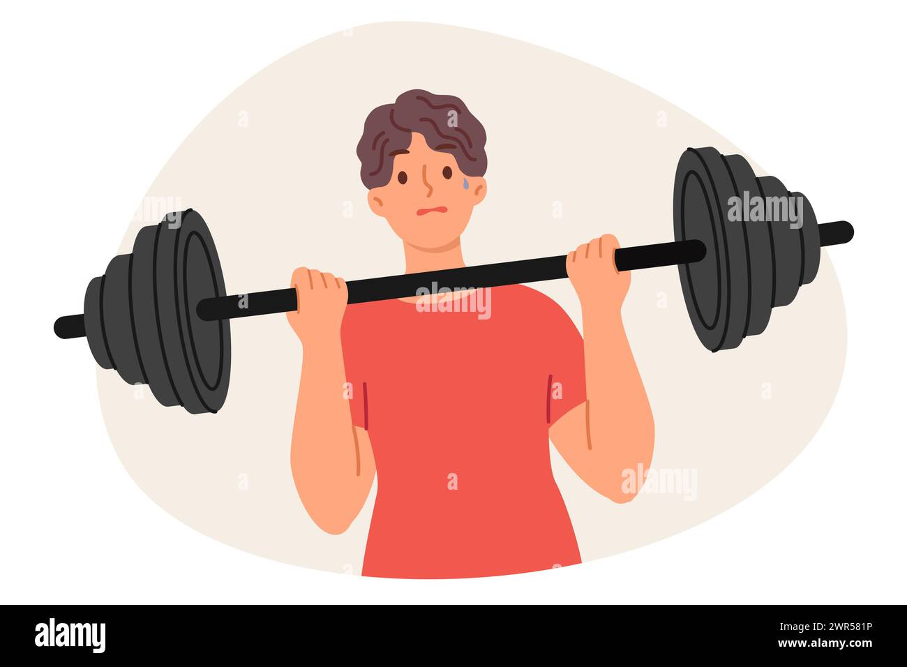 Weak man is doing fitness, trying to lift barbell to pump up big muscles and improve immunity Stock Vector