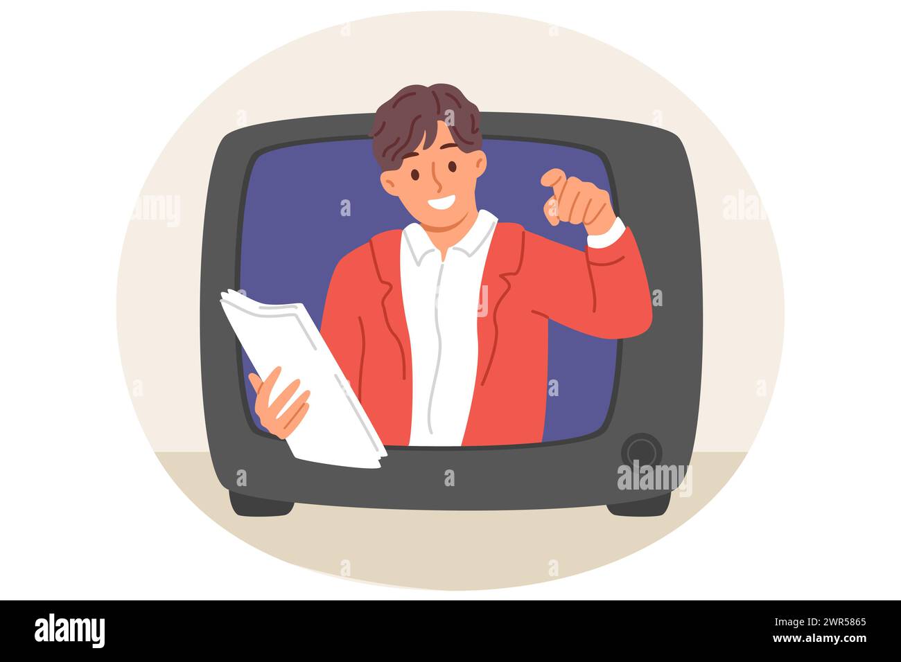 Man TV show announcer looks out of retro tv, recommending to buy advertised product Stock Vector
