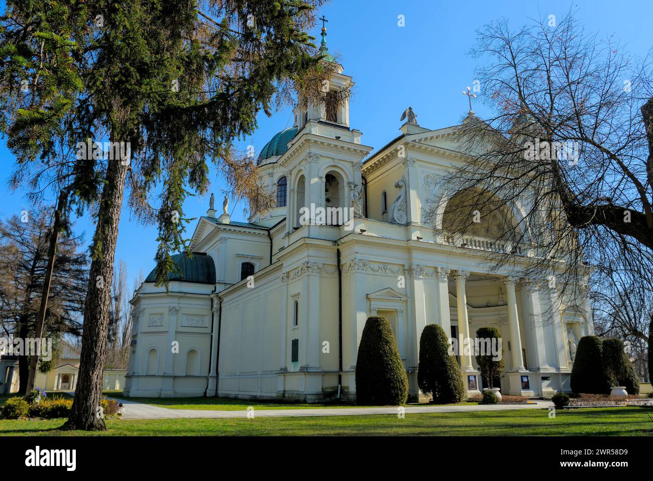 st Annes church in Wilanow, Warsaw  at the beginning of the touristic season, horizontal wide shot, low angle, from the left side Stock Photo
