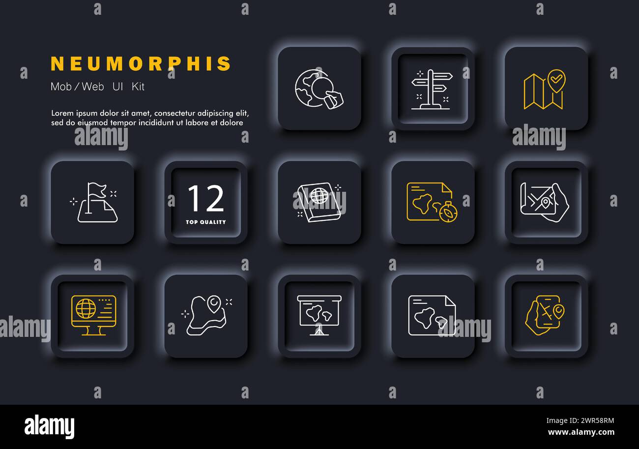 Navigation set icon. Flag, globe, monitor, book, map, compass ...