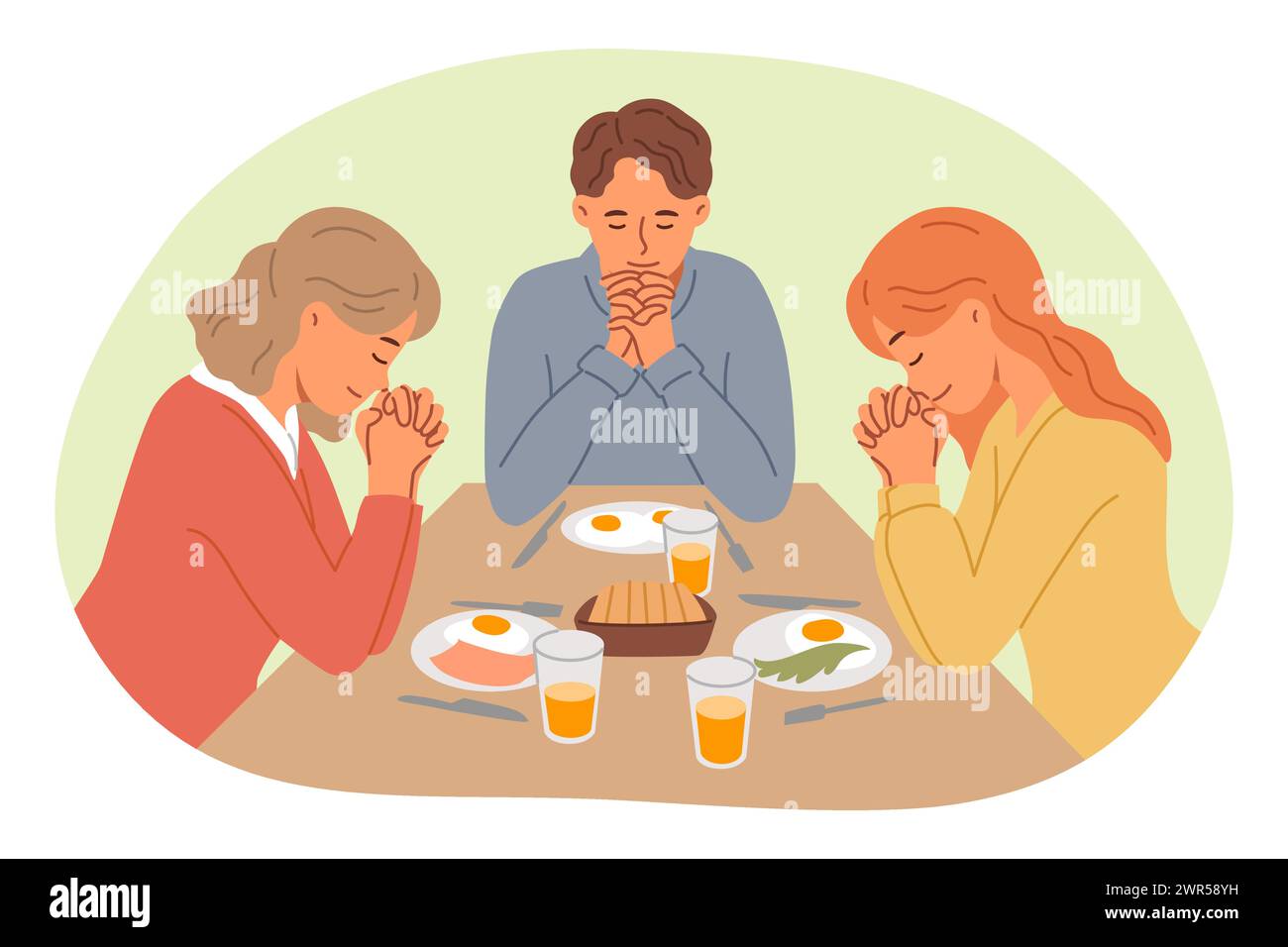 Lunchtime prayer from catholic family thanking god for presence of food on table Stock Vector