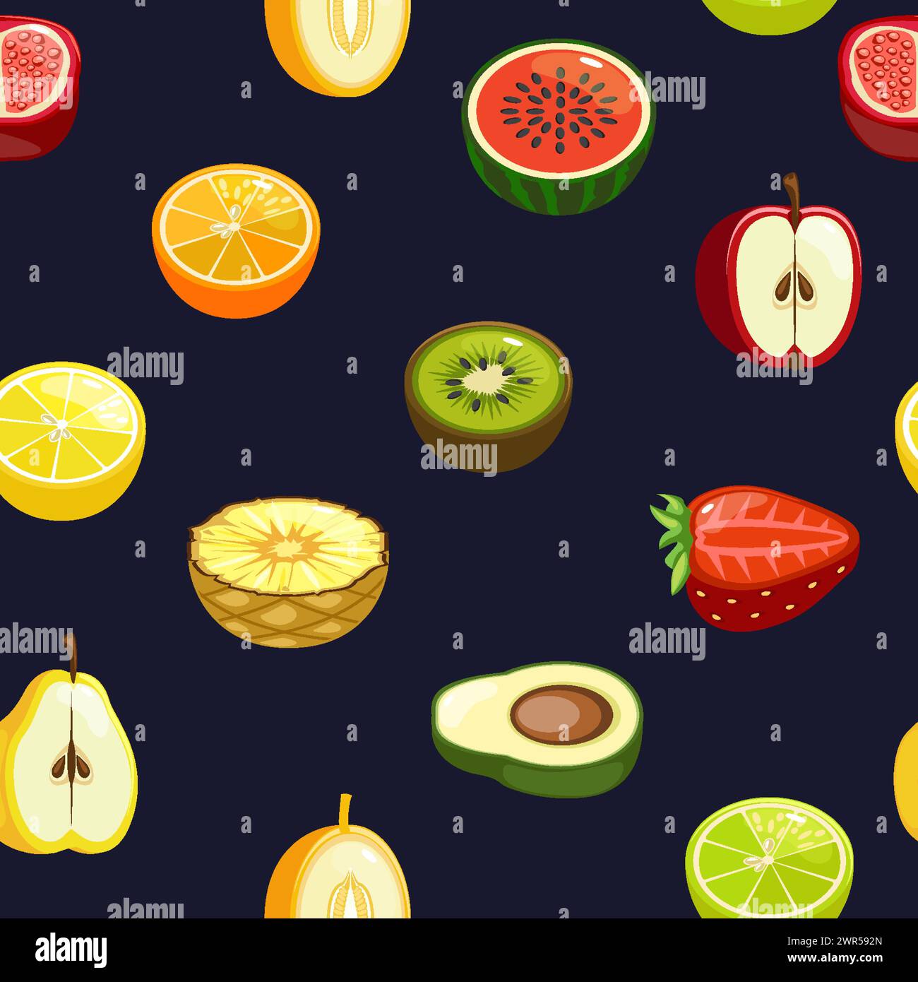 Seamless pattern with half fruits and berries Stock Vector