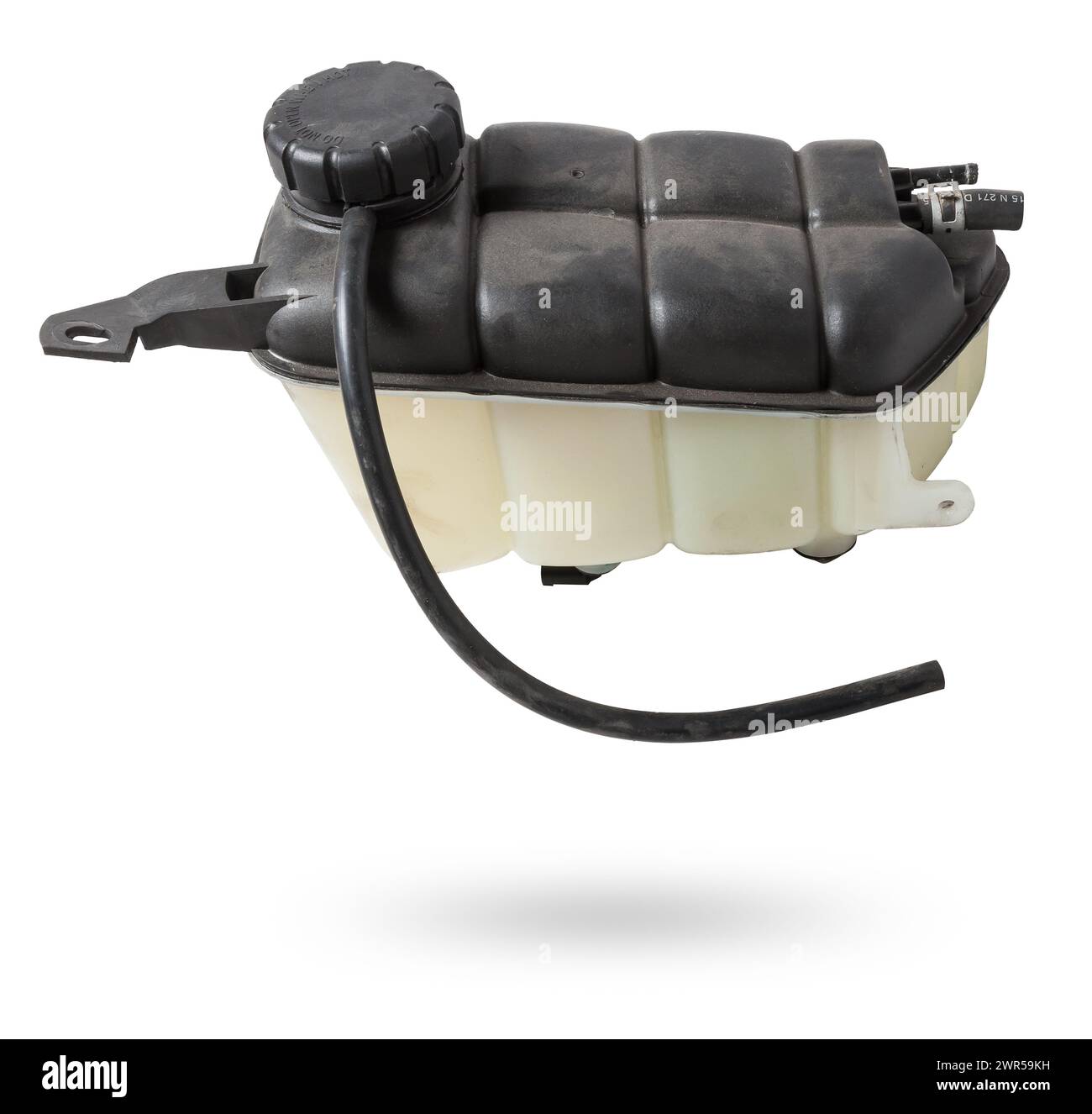 Coolant expansion tank white on an isolated background with black details. A unit of a liquid