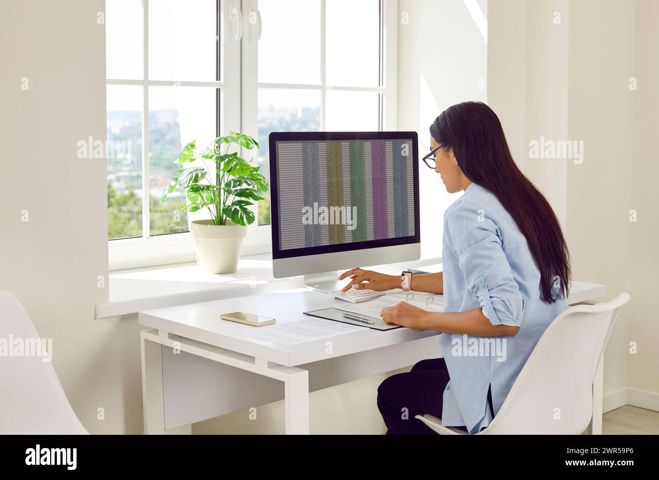 Confident business woman accountant working on PC computer with tables ...