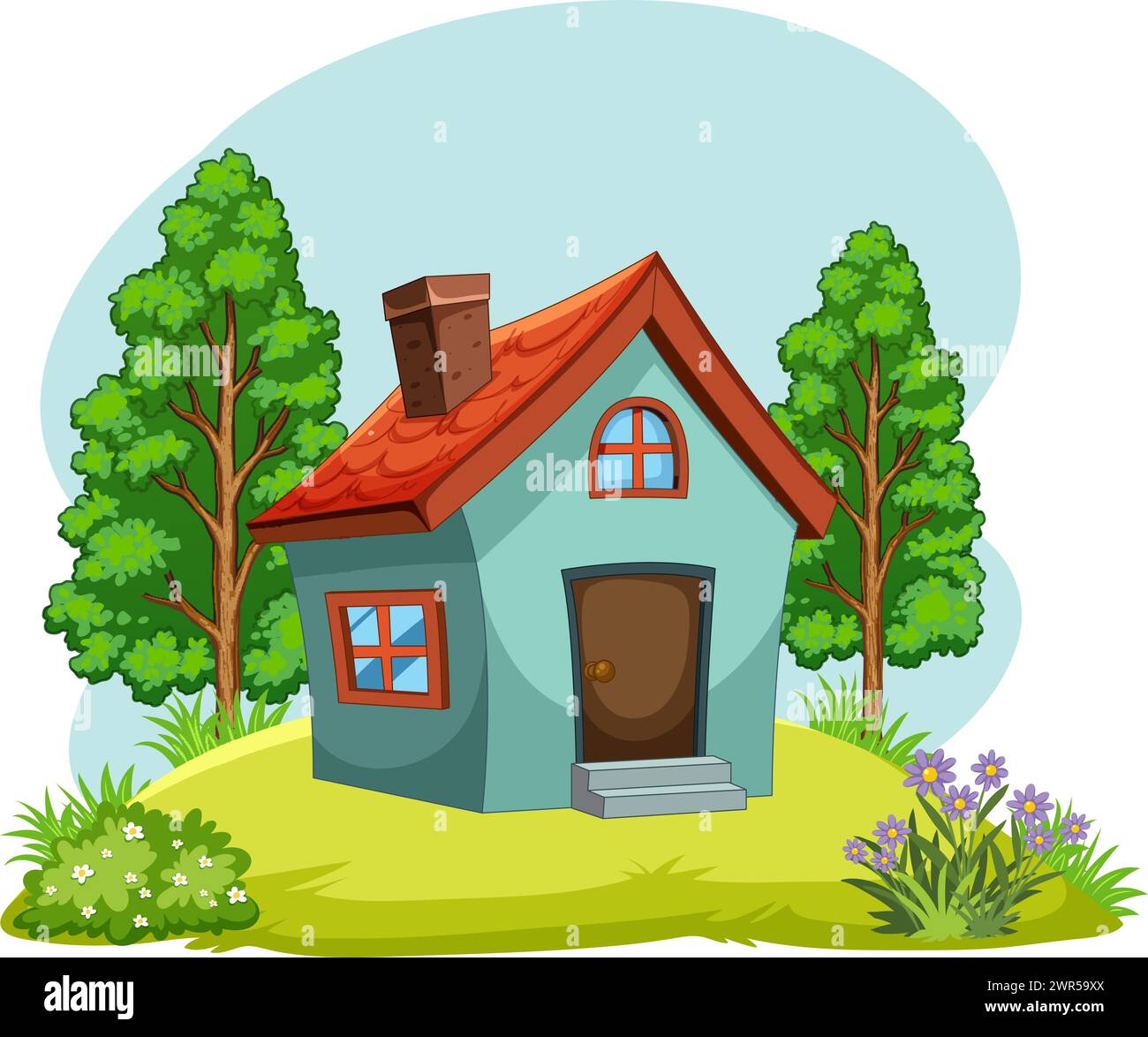 Vector illustration of a small house surrounded by trees Stock Vector ...