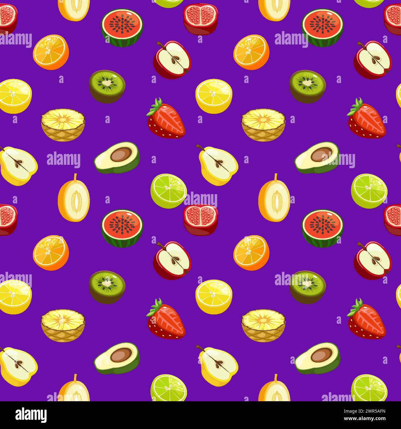 Seamless pattern with half fruits and berries on violet Vector background Stock Vector