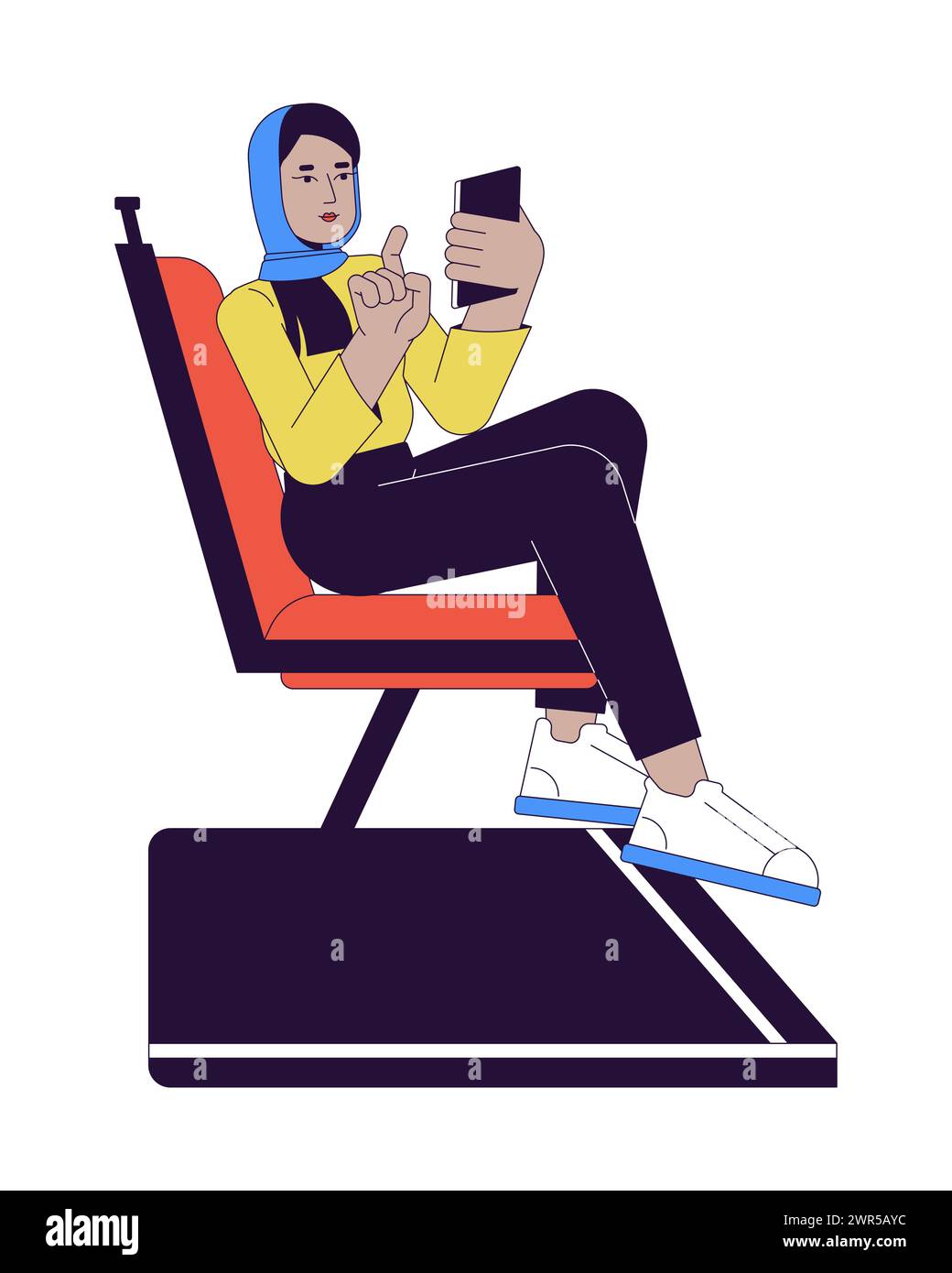 Muslim woman commuter phone scrolling 2D linear cartoon character Stock Vector