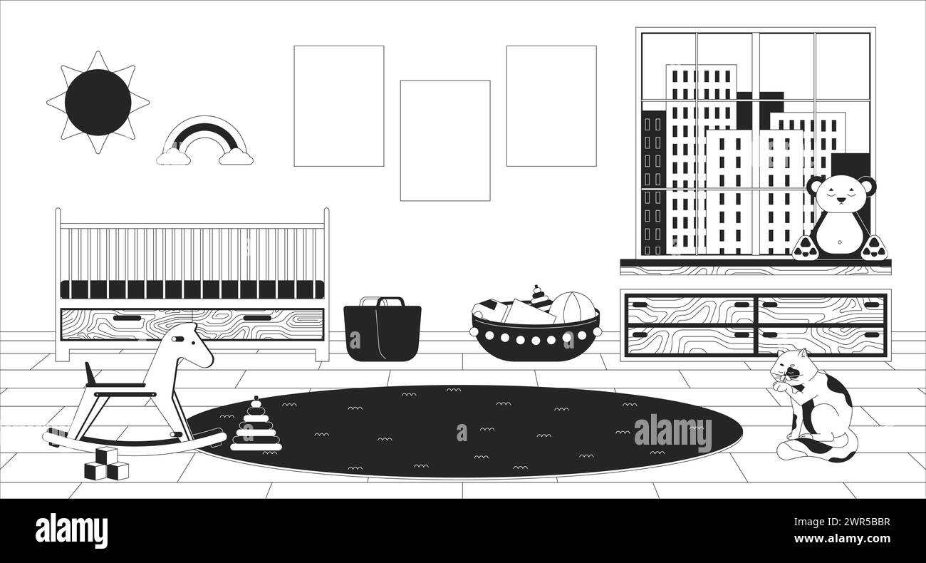 Baby nursery room black and white line illustration Stock Vector Image