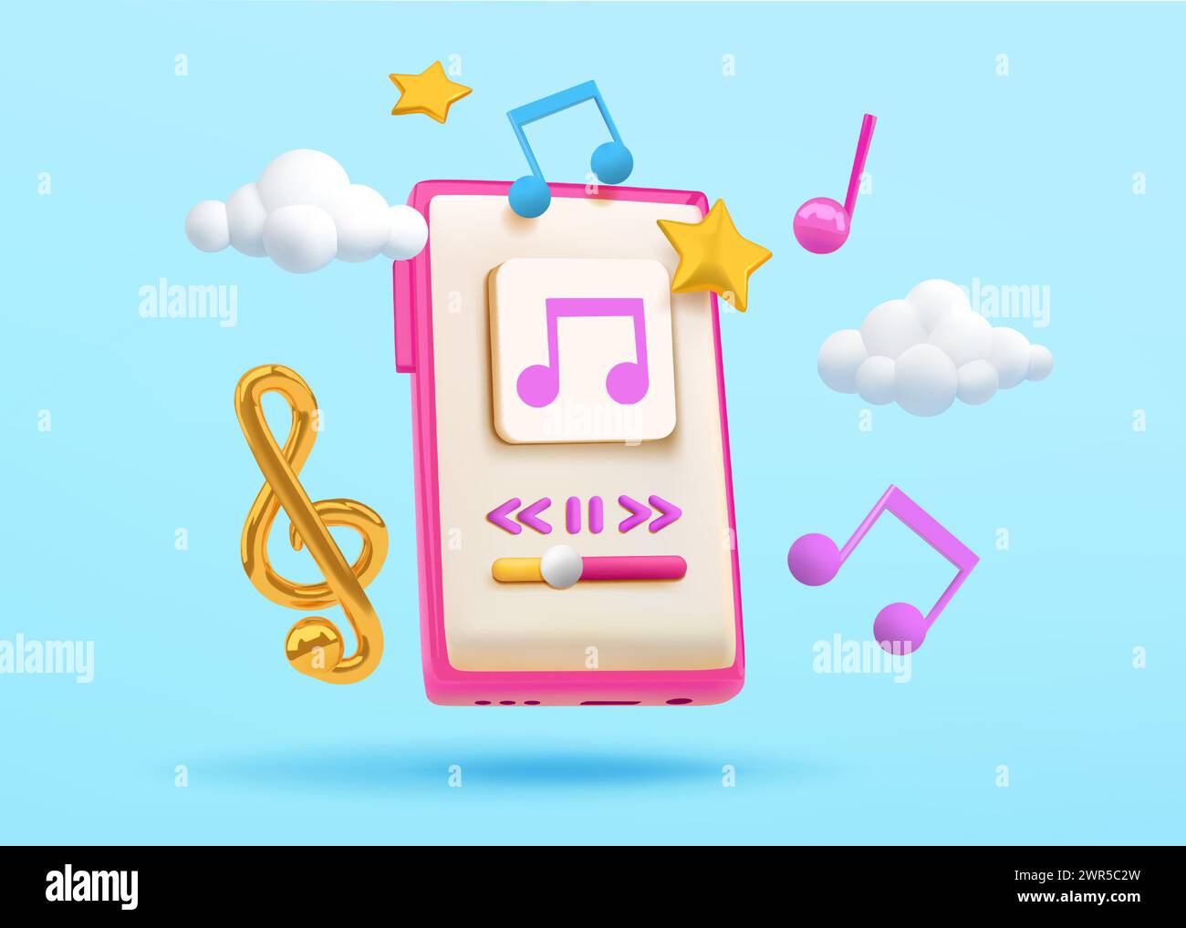 3D phone. Music playlist render in cellphone. Online soundtrack streaming. Play UI button. Song store web app. Smartphone technology. Sound listening. Musical note and clef. Vector realistic icons Stock Vector