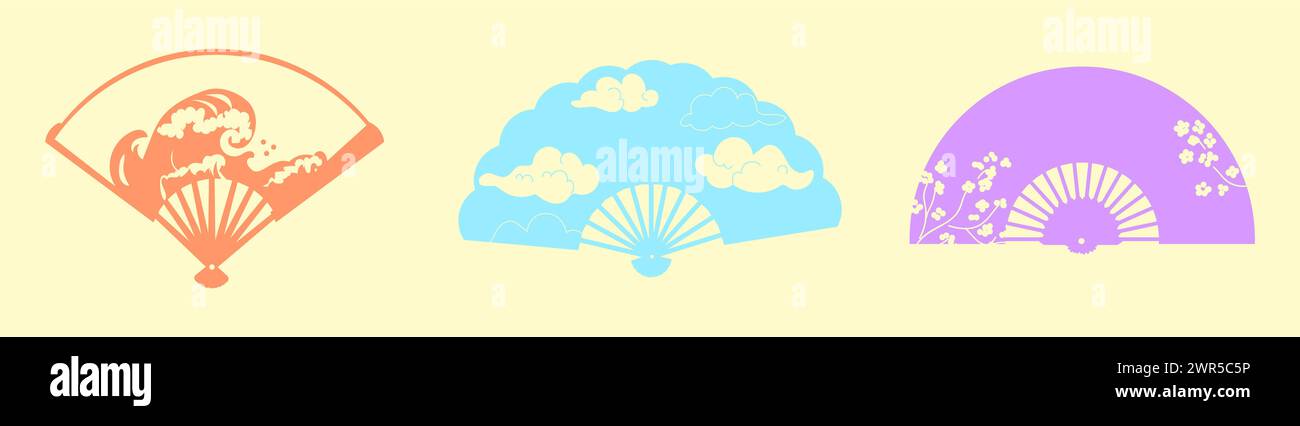 Paper fan. traditional Japanese or Chinese women geisha elegance attribute. Oriental souvenir, colorful isolated elements with pattern, ocean and clouds. Fashion hand accessory. Vector illustration Stock Vector