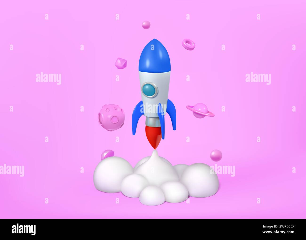3d rocket. Space start elements, cute planets, spaceship launch in realistic fire cloud, creative technology isolated render object. Startup business idea, adventure future shuttle. Vector design icon Stock Vector