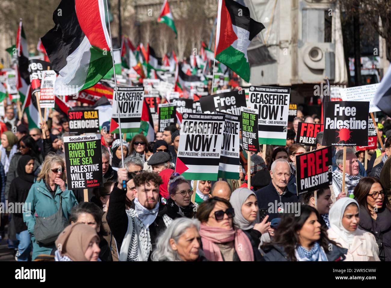 Pro Palestine protest march in London, UK, protesting against the