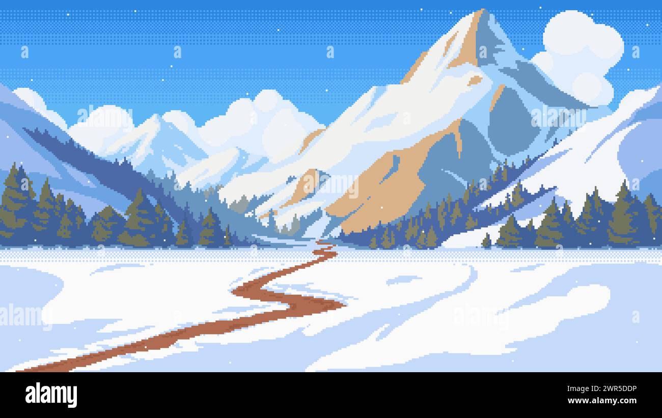 Pixel winter mountain landscape. Spruce forest, path through the snow and falling snowflakes. Vector seamless background Stock Vector