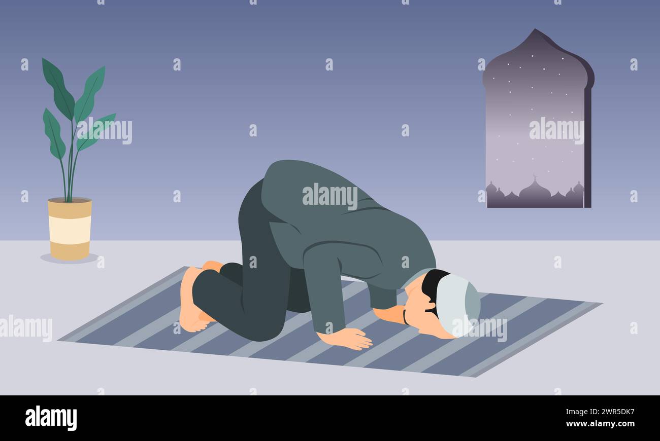 A Muslim man in prostration prayer position on prayer mat. Vector illustration. Stock Vector