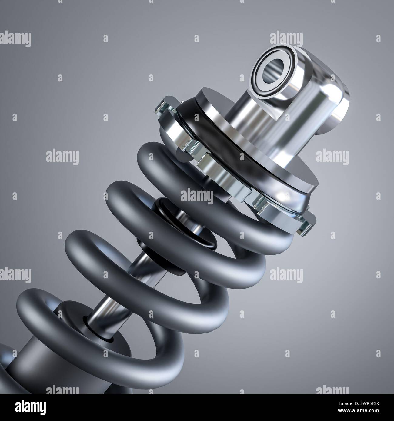 Close-up of a highly detailed metal spring and mechanism illustrating industrial precision.3d render Stock Photo