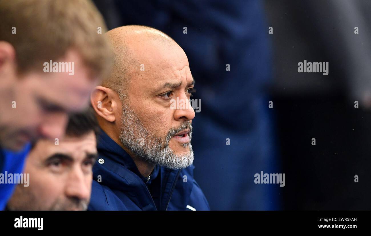 Nottingham Forest head coach Nuno Espirito Santo during  the Premier League match between Brighton and Hove Albion and Nottingham Forest at the American Express Stadium  , Brighton , UK - 10th March 2024. Photo Simon Dack / Telephoto Images  Editorial use only. No merchandising. For Football images FA and Premier League restrictions apply inc. no internet/mobile usage without FAPL license - for details contact Football Dataco Stock Photo