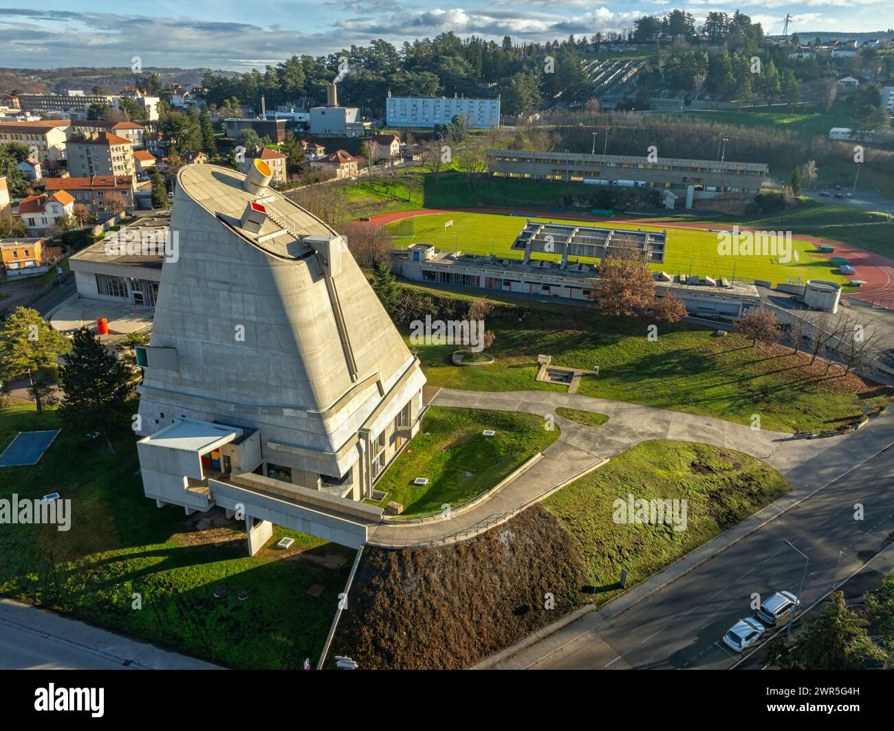 Aerial view of the Le Corbusier site in Firminy. the largest European complex designed by the architect, classified as a World Heritage Site. France Stock Photo