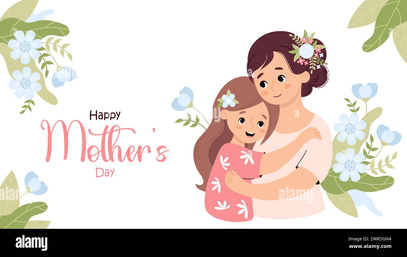Happy Mother's Day. Cute woman tenderly hugs daughter on white background with blue flowers and leaves. Horizontal festive banner. Vector illustration Stock Vector